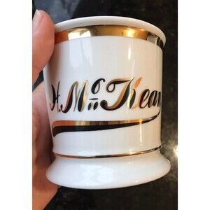 Vintage White Ceramic Porcelain Shaving Mug HM Kean Cup Gold Trim Decorative